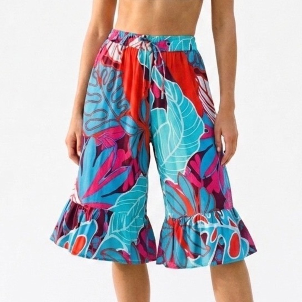 True Destinations Tropical Print Tiered Ruffle ResortWear Palazzo Pants Med